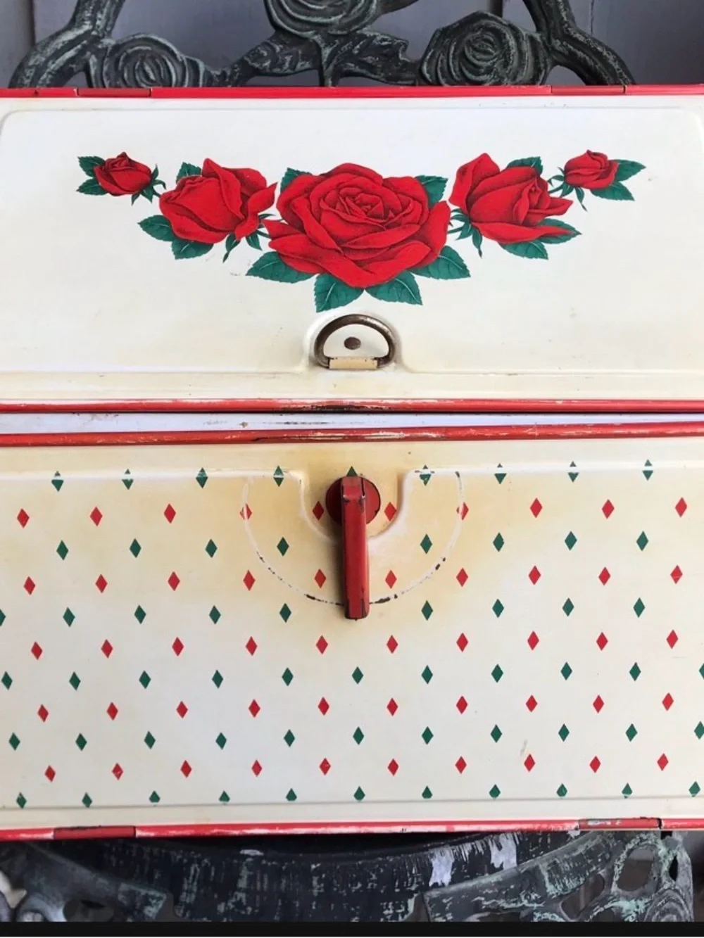 1940’s Vintage Floral Metal Bread Box/Pie Safe Red Roses Distressed Patina